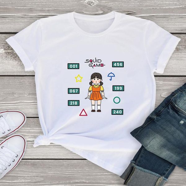 

women's t-shirt 2021 korean tv squid game cosplay print costume women 047 456 218 pattern fashion short sleeve hallowmas street tee, White
