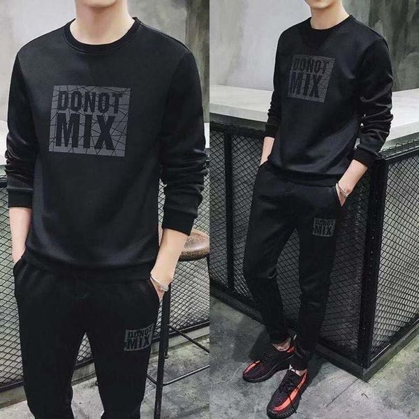 

autumn and winter sports casual sweater new plush thickened korean version hoodls long sve men's suit two-piece set, Gray