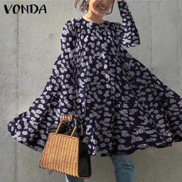 

short dress women's printed sundress vintage floral print ruffle 2021 vonda party robe plus size vestidos s-5xl casual dresses, Black;gray