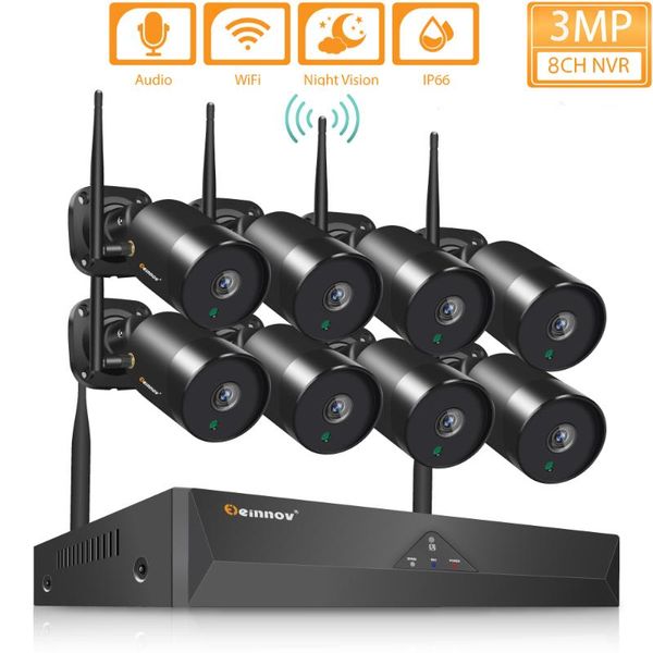 

h.264+ 8ch 3mp video hd security camera system nvr kit cctv two way audio detect outdoor montion surveillance ip set wireless kits