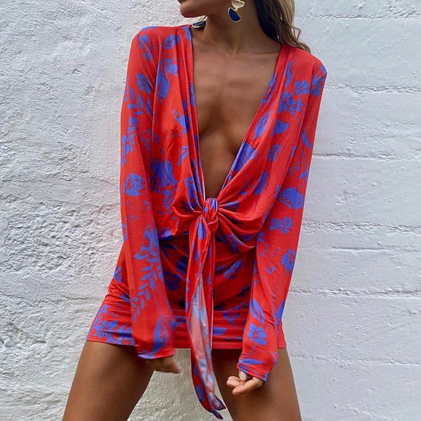 

spring arrivals long sleeve print skinny high waist slim v-neck lace up women dress sg810 210525, Black;gray