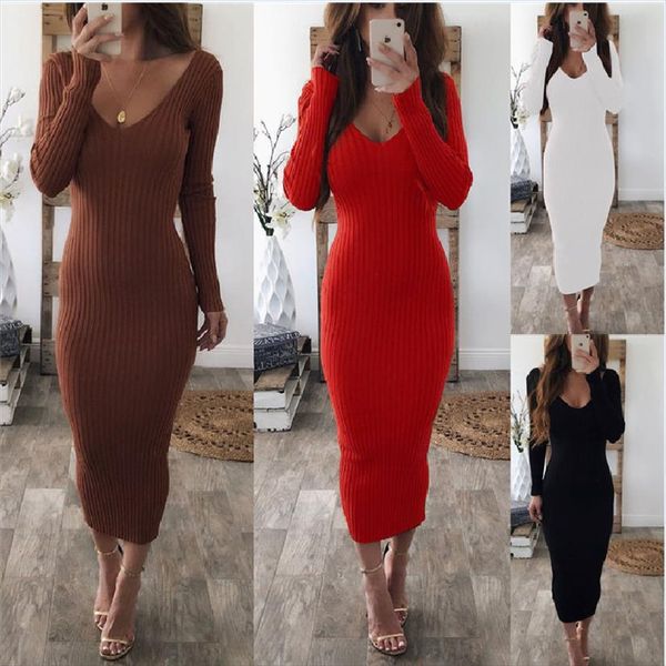 

robe long sleeve knitted sweaters women dresses autumn winter casual v neck stripe dress, Black;gray