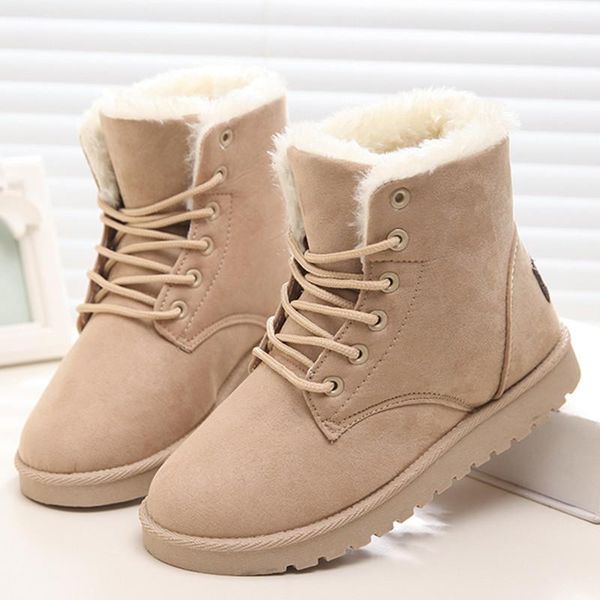 

boots classic women winter suede ankle snow female warm fur plush insole botas mujer lace-up footwear 833, Black