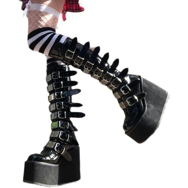 

boots womens round toe platform belt buckle knee thigh high wedge heel shoes punk gothic black 2022
