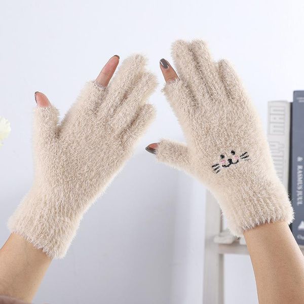 

five fingers gloves 2021 new two fingerss cat warm glove knitted cute plush boys and girls' split finger embroidered winter glovess, Blue;gray