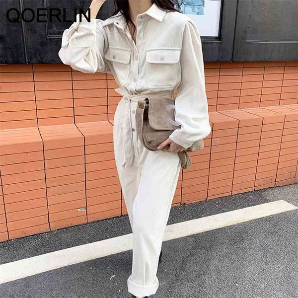 

corduroy jumpsuit belt loose overalls lapel high waist casual straight-leg pants pocket single-breasted romper women 210601, Black;white