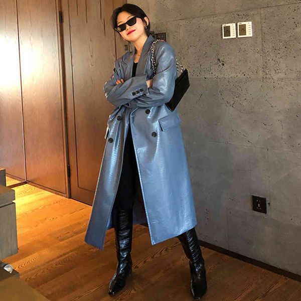 

women's trench coats [eam] women blue pu leather big size long lapel sleeve loose fit windbreaker fashion spring autumn 2022 1dd6445 dj, Tan;black