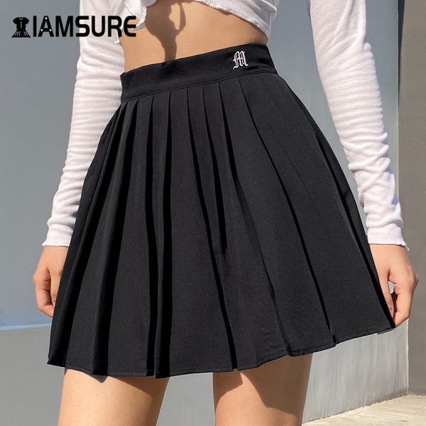

iamsure preppy style casual letter embroidered 90s pleated skirt korean streetwear fashion high waist mini skirt for women, Black
