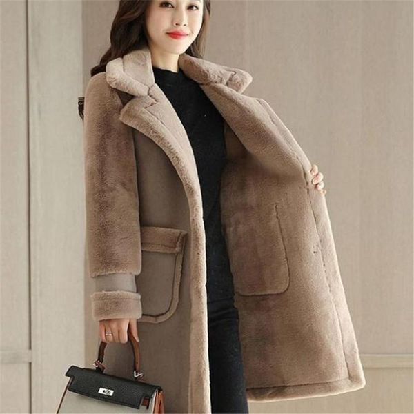 

women's leather & faux plush thick fur coat 2022 autumn and winter deerskin plus size cotton to keep warm jacket clothing, Black