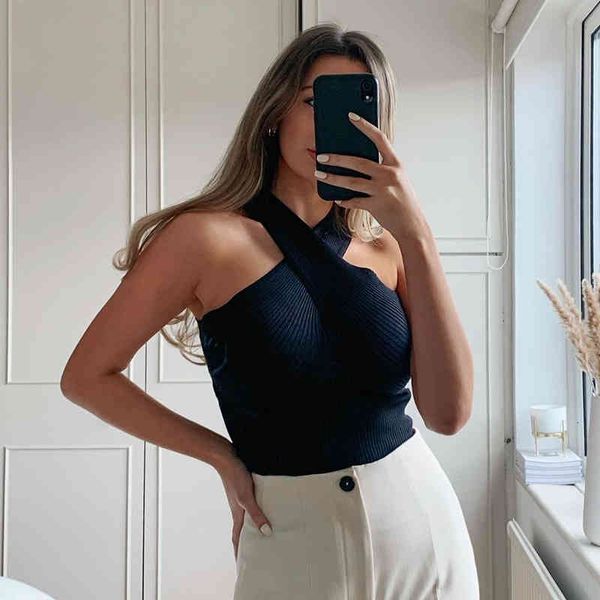 

women's tanks & camis cross strap design knitted camisole women night club solid sleeveless tanks 2021 summer short fash, White