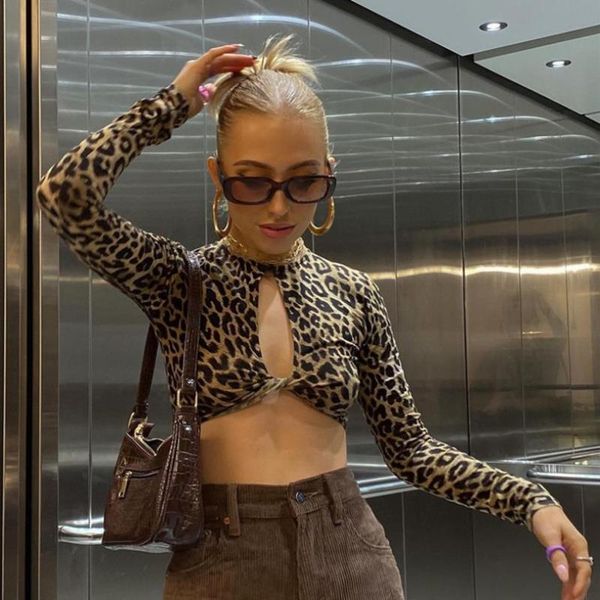 

fashion women's short t-shirts leopard long sleeve tee stylish femme cropped women summer streetwear clothes t-shirt, White