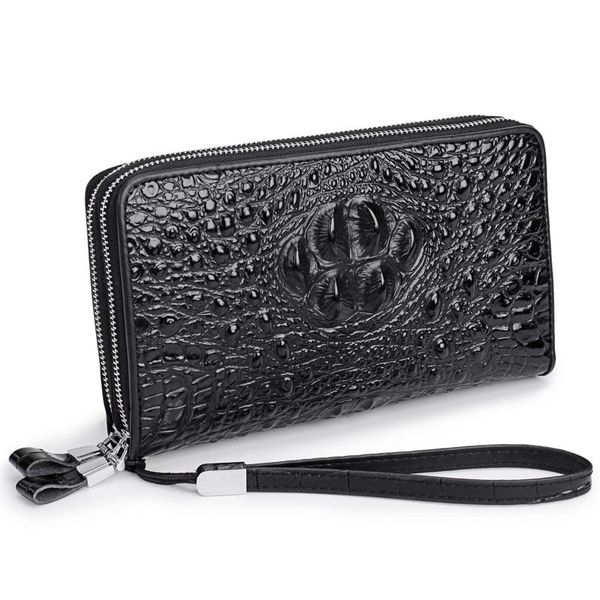

wallets crocodile pattern men's cowhide leather day clutch bag double zipper storage wallet mobile phone fashion card holder, Red;black