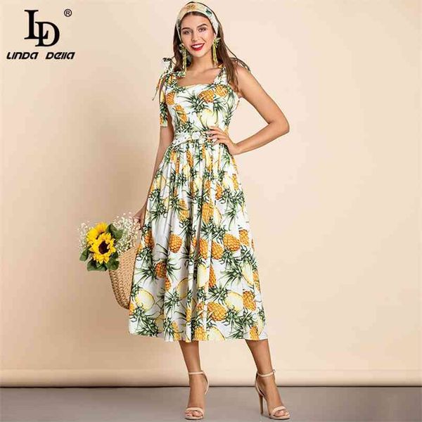 Verão moda algodão elegante vestido de férias mulheres espaguete cinta abacaxi print bohemian midi vestidos 210522