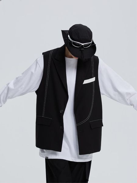 

men's vests s-6xl men women's original catwalk ersatile open line design loose profile overlay casual suit vest plus size costumes, Black;white