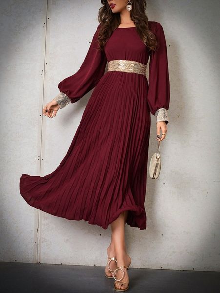 

contrast sequin lantern sleeve pleated dress v1ci#, Black;gray