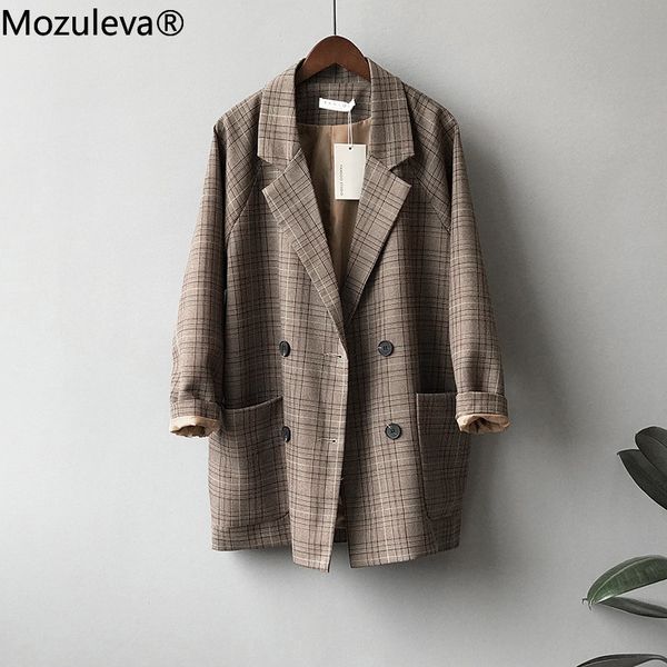 

women vintage long blazer plaid jacket ladies casual double-breasted sashes suit female slim outwear 210427, White;black