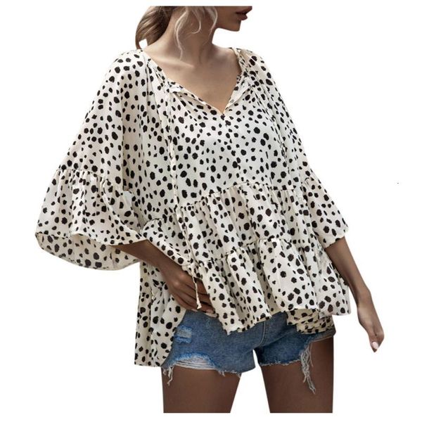 

women's blouses & shirts summer women ruffles ladies elegant v-neck lace-up floral blouse 3/4 sleeve casual female, White