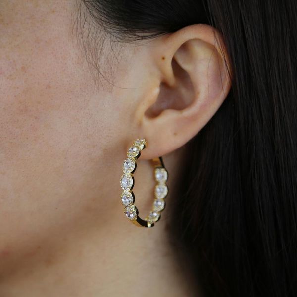 

hoop & huggie fashion round circle earrings for women girl geometric crystal cz paved 35mm large earring brincos party jewelry, Golden;silver