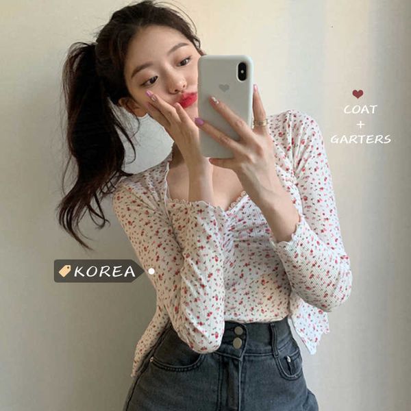 

women's t-shirt sweet floral thin coat short strap bottoming shirt two-piece women 551v, White