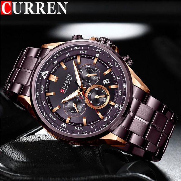 

wristwatches curren man wristwatch waterproof chronograph date men watch military stainless steel sport male clock gift 839, Slivery;brown