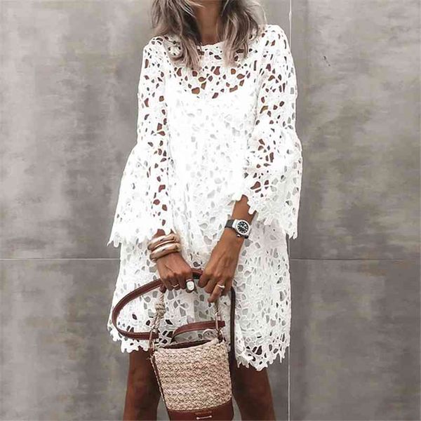 

women hollow out lace flared sleeve ruffles dress spring summer casual white loose two pieces mini dresses party vestidos 210409, Black;gray
