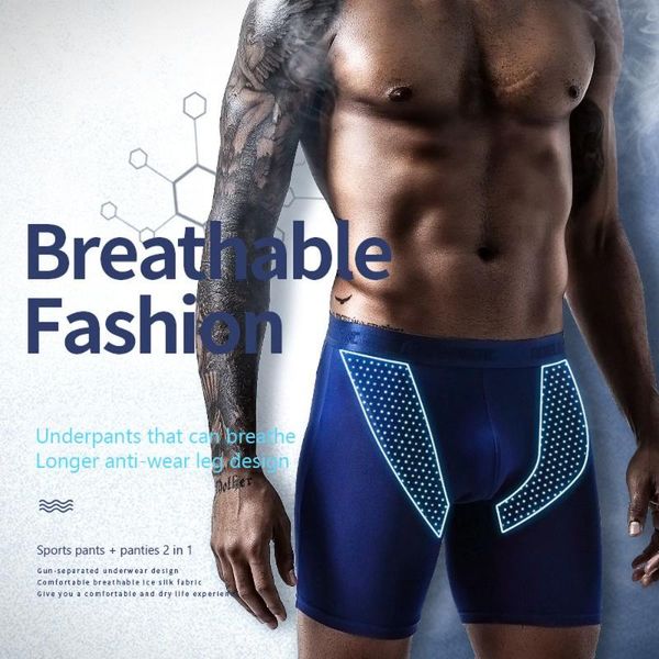 

underpants ice silk men underwear sports panties breathable mesh running lengthened anti-wear leg modal boxer briefs solid, Black;white
