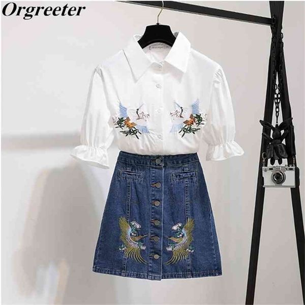

exquisite embroidery two piece set female summer puff sleeve lapel shirt with single-breasted a-line denim skirts suits 210602, Black;white