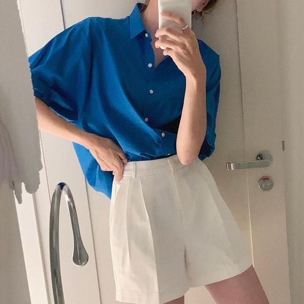 

women's tracksuits korean chic niche lapel single-breasted loose short-sleeved shirt + versatile high-waisted casual wide-leg shorts su, Gray