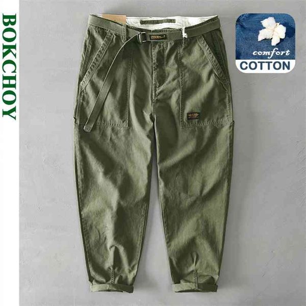 

men spring pure cotton solid color pants korean style male casual loose belt mid waist slim fit pencil trouser z329 210715, Black