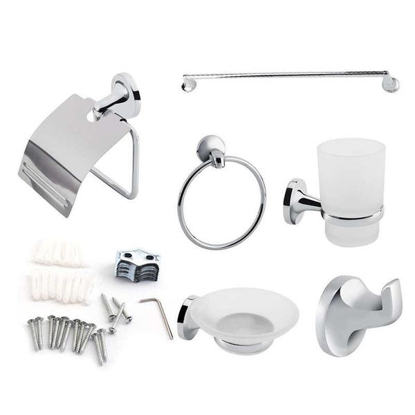 

6pcs wall mount bathroom toilet accessory set towel rack toothbrush soap paper holder washroom shelf bath