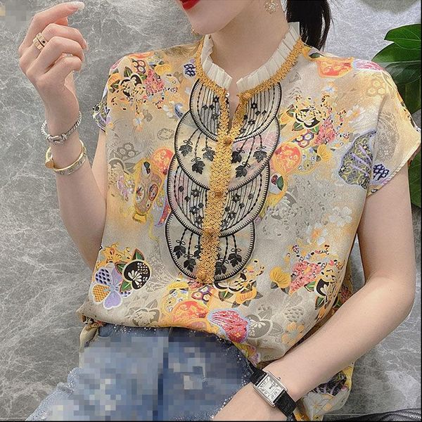

european style floral summer short women shirts sleeved chiffon stand collar lace lady fashion vintage and blouse, White