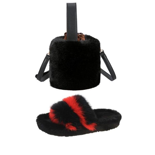 

fashion woman autumn spring furry slippers and purses bag set cute fuzzy comfortable soft slides purse sandals ladies flip flops, Black