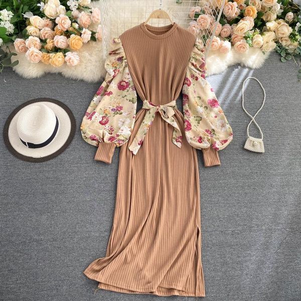 

casual dresses puff sleeve dress dlower knitted long floral patchwork autumn winter vintage party for women 2021 elegant clothes, Black;gray