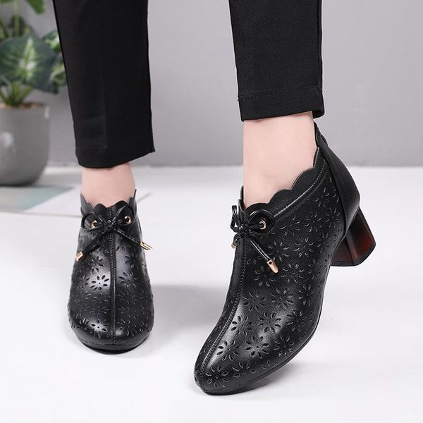 

gladiator med heels genuine leather shoes for women cow round toe party summer hollow out pumps dress, Black