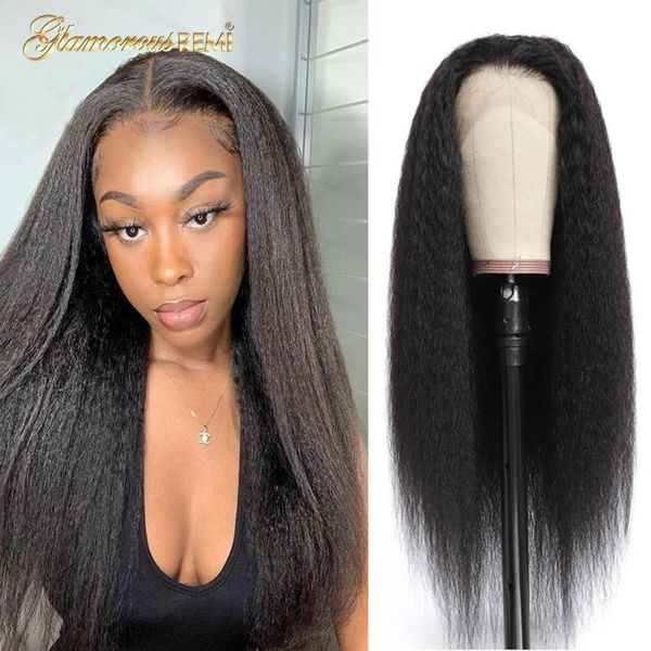 

kinky straight wig brazilian lace front human hair wigs with baby 4x4 for women pre-plucked density 180 remy, Black;brown