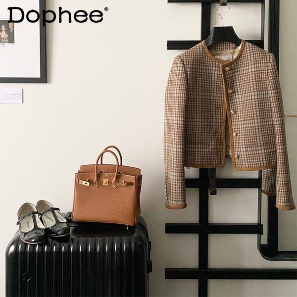 

women's wool & blends socialite woolen coats for women 2021 autumn winter warm plaid long sleeve jacket french style high-end female cl, Black
