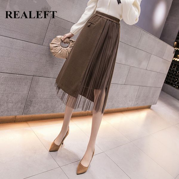 

fashion woolen women a-line pleated skirt korean office ladies high waist winter autumn midi skirts female 210428, Black