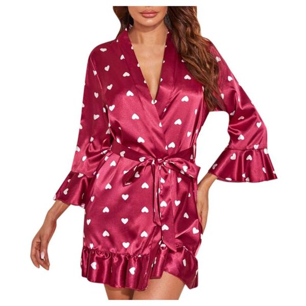 

women's sleepwear 2021 women heart-shaped satin underwear robes set heart shape long sleeve comfortable intimates belted dressing gown, Black;red
