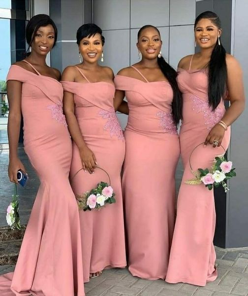 

2022 designer pink bridesmaid dresses one shoulder strap mermaid lace appliqued beaded custom made plus size maid of honor gown country wedd, White;pink