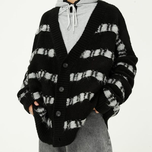

men vintage fashion stripe casual oversize style loose knit cardigan sweater coat male women streetwear jacket men's sweaters, White;black
