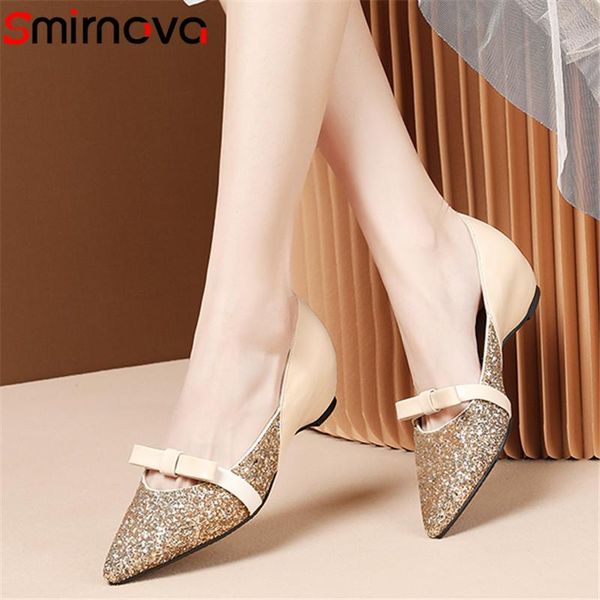 

dress shoes smirnova 2021 women pumps sequined genuine leather single pointed toe bowknot spring summer wedges ladies, Black