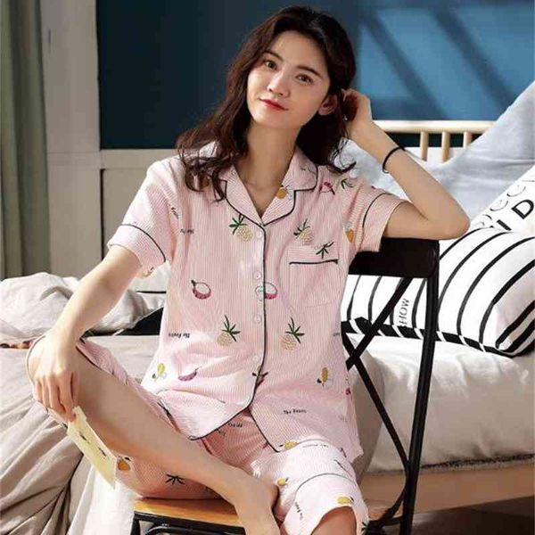 

women's sleepwear full cotton pajamas women short sleeve cropped pant two piece set spring summer sleepwear pijama female print loose p, Black;red