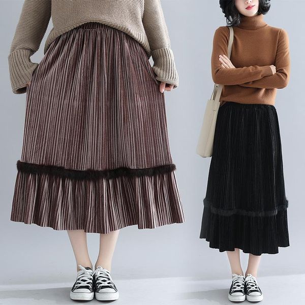 

skirts 2021 autumn winter streetwear velvet womens high waist pleated long skirt plus size harajuku midi saia femme, Black