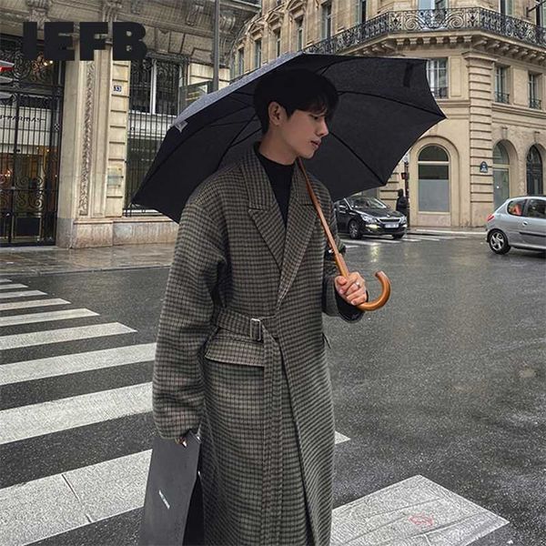 

iefb autumn winter plaid fur coat men's korean loose medium length woolen pocket windbreaker lapel streetwear elegant 9y4771 211122, Black