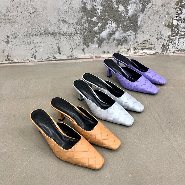 

women weave slippers square toe thin high heels slides mules shoes woman slip on summer flip flops pumps 35-39, Black