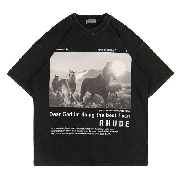 Футболка Rhude Horse для мужчин и женщин, винтажная футболка высокого качества, старая потертая футболка оверсайз с коротким рукавом Xuqe 967