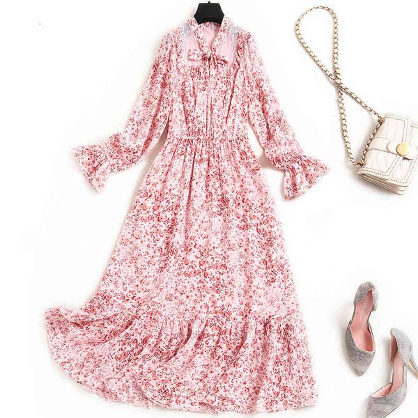 

dress elegant spring bow collar chiffon printing party lace shreds aline robe femme midsummer calf dressed up, Black;gray