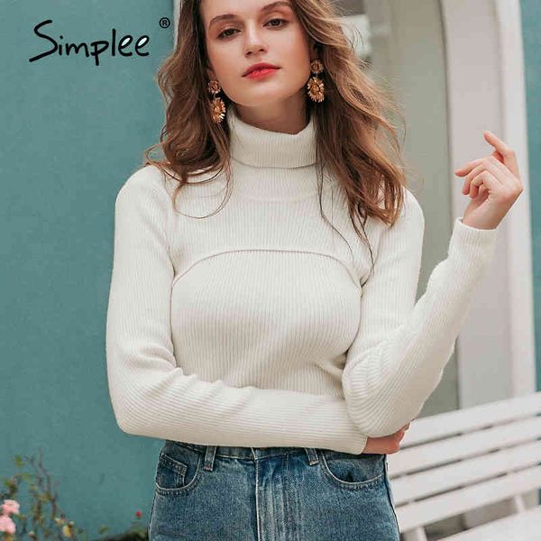 

casual turtleneck women sweaters long sleeve splicing flexible female knitted sweater solid color short pullover jumper 210414, White;black