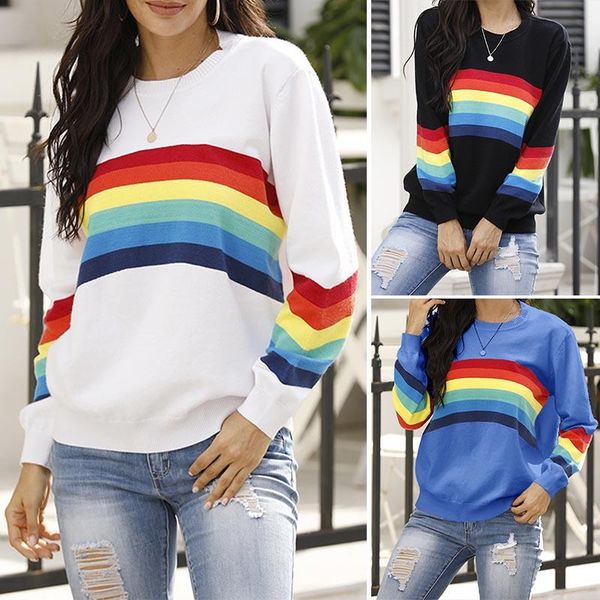 

women's sweaters woman rainbow striped knitted pullover long sleeve o neck casual jumper oversized loose knitwear, White;black