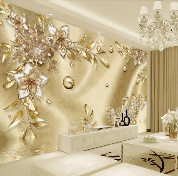

custom wallpaper 3d mural european luxury golden flower jewelry background wall living room papel de parede
